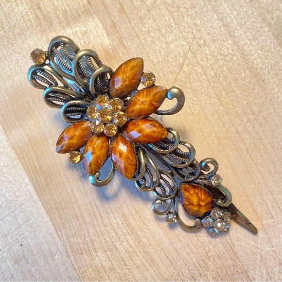Vintage Filigree Rhinestone Metal Barrette Hair Clip - Picture 1 of 7